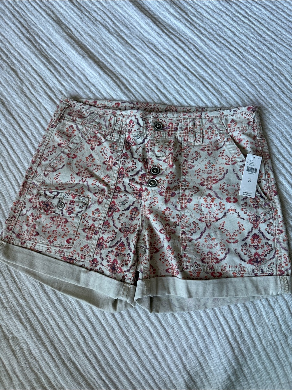 Anthropologie Pilcro Beige Cotton Shorts with Dusty Rose Floral Print